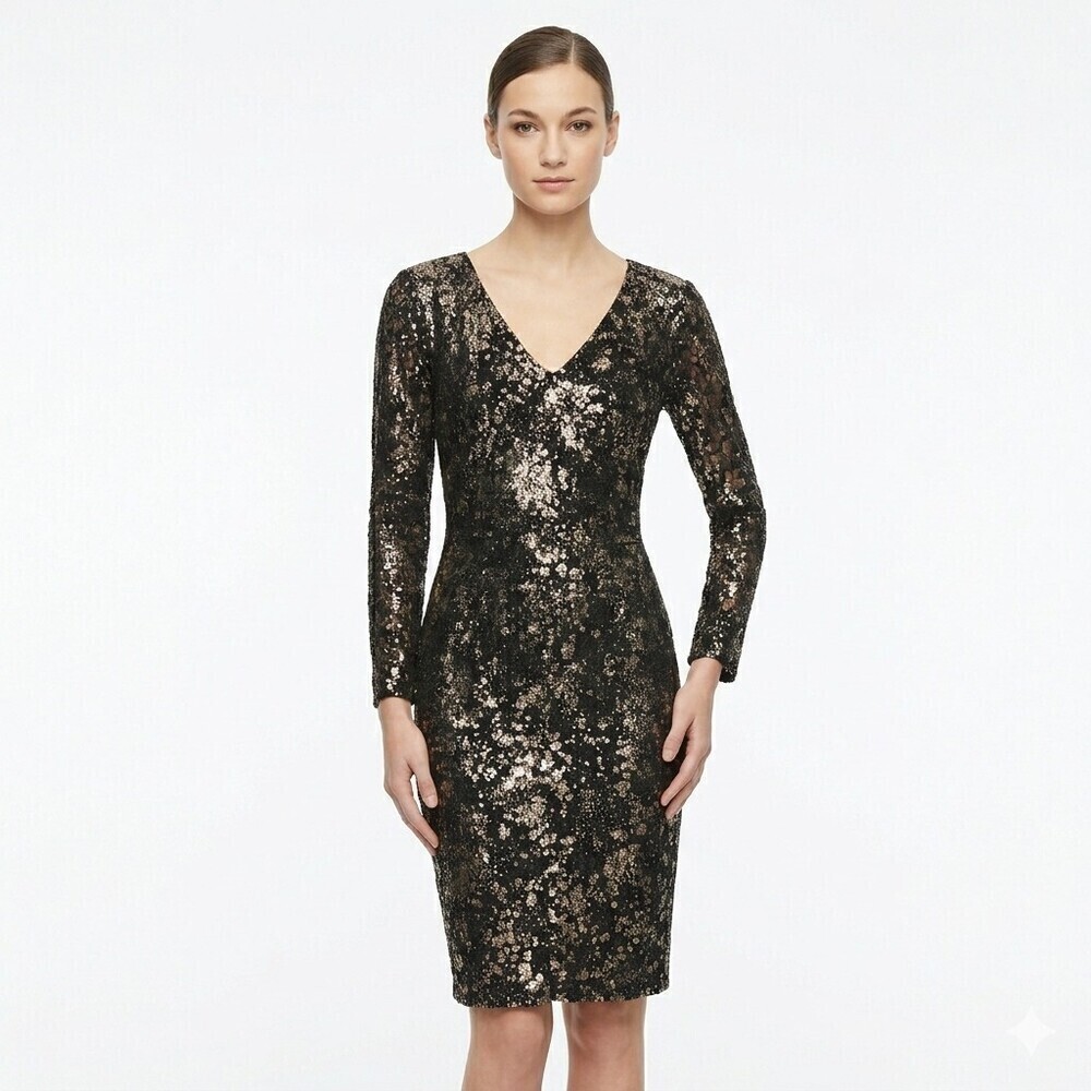Lela Rose Womens Sheath Dress Black Silver Metallic Lace Size 4 Glam Night Out